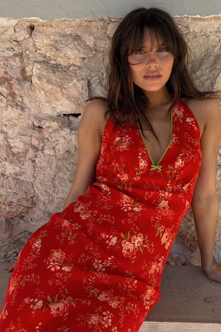 Red Floral Halter Dress