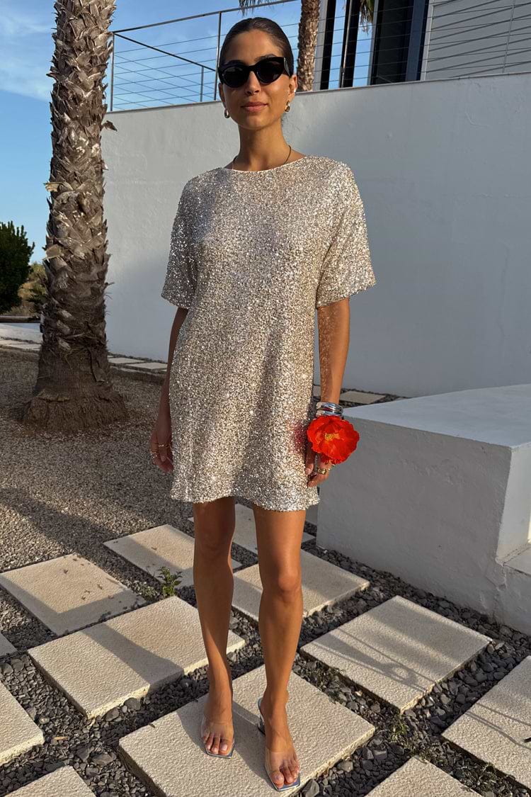 Silver Sequin T Shirt Dress