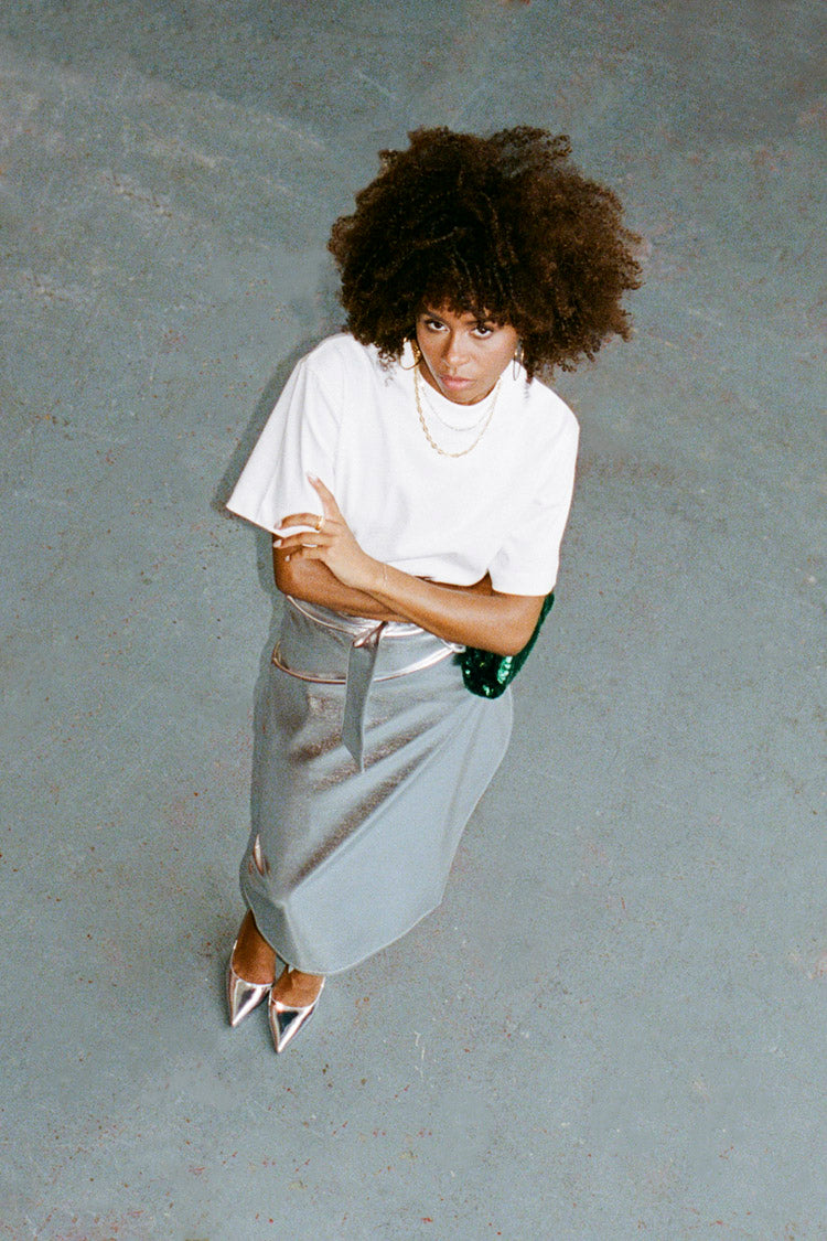 caption_Model is 5ft6 and wears Silver Vegan Leather Skirt in UK 8 / US 4