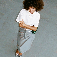 Thumbnail for caption_Model is 5ft6 and wears Silver Vegan Leather Skirt in UK 8 / US 4