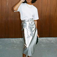 Thumbnail for caption_Model is 5ft6 and wears Silver Vegan Leather Skirt in UK 8 / US 4