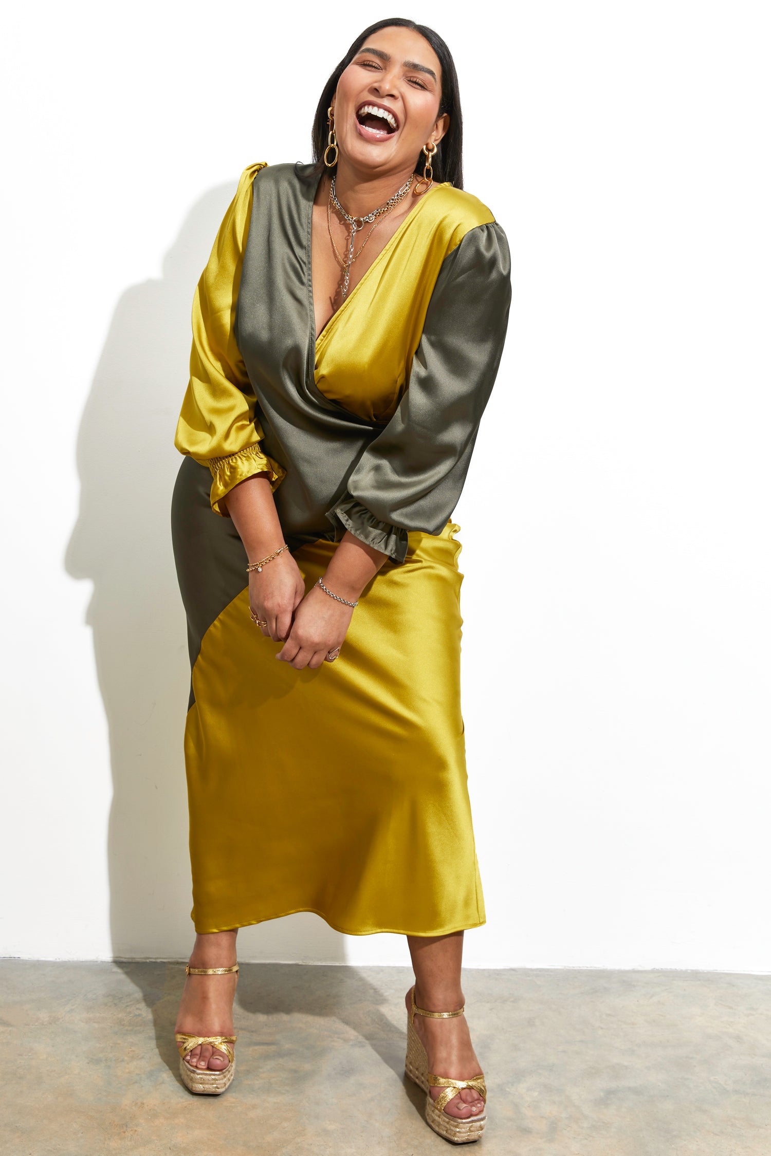 Model wearing Lime and Khaki Wrap Top