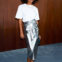 Thumbnail for caption_Model is 5ft6 and wears Silver Vegan Leather Skirt in UK 8 / US 4