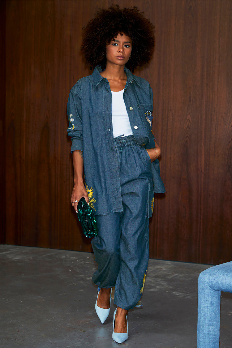 Model wearing Denim Mystical Nami Shirt