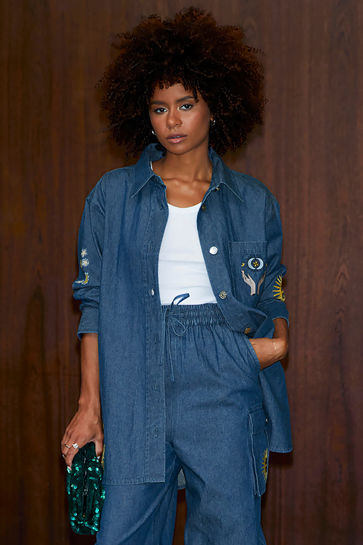 Model wearing Denim Mystical Nami Shirt