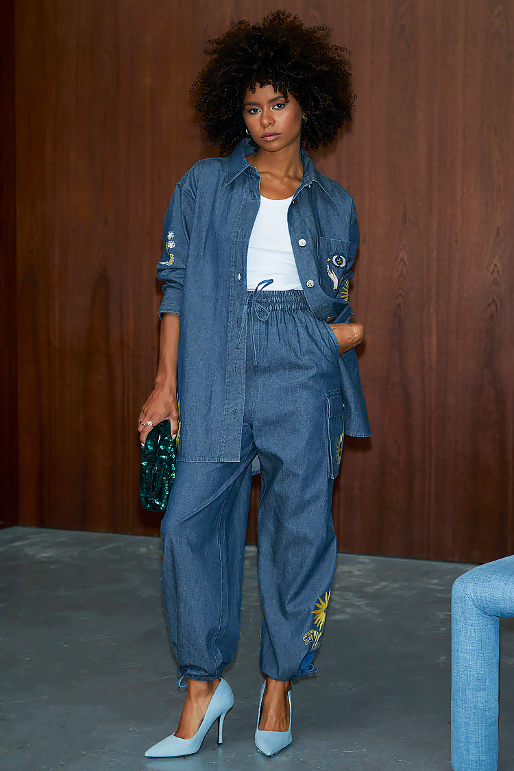 Model wearing Denim Mystical Cargos 