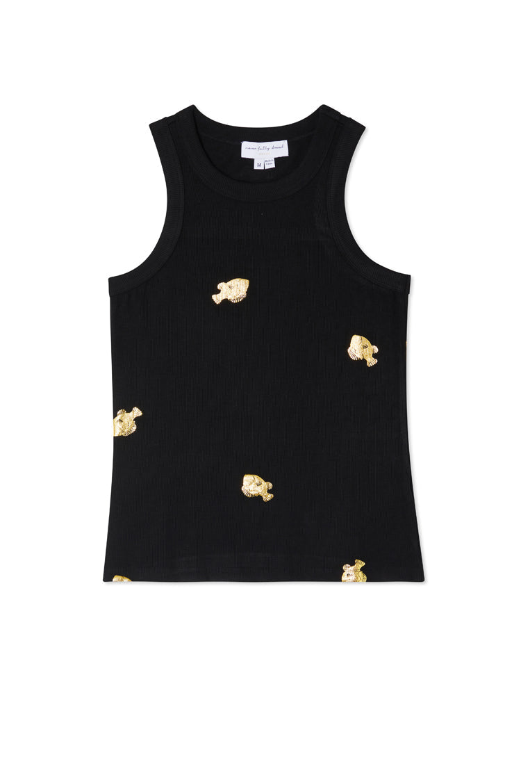 Black Ribbed Tank Top With Fish Gold Fleck