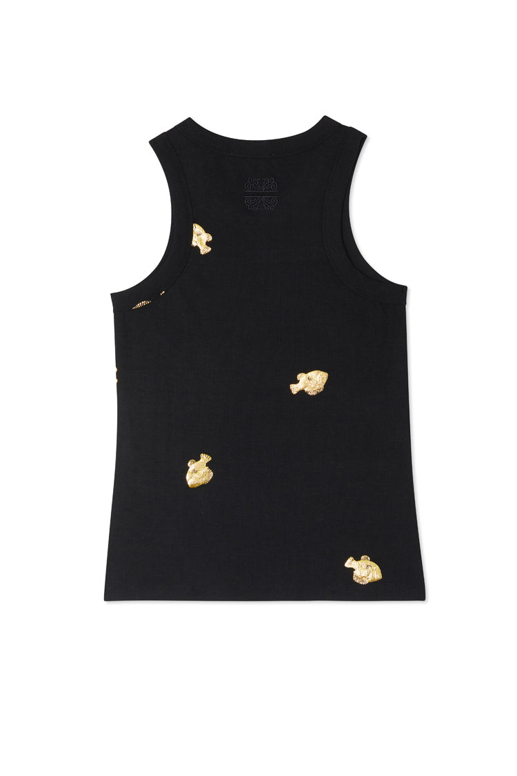 Black Ribbed Tank Top With Fish Gold Fleck