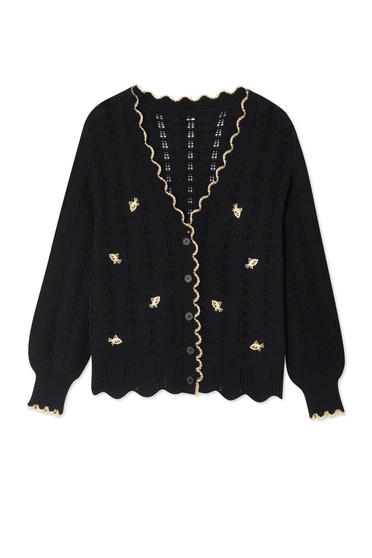 Black Pointelle Knit Cardigan With Gold Fish