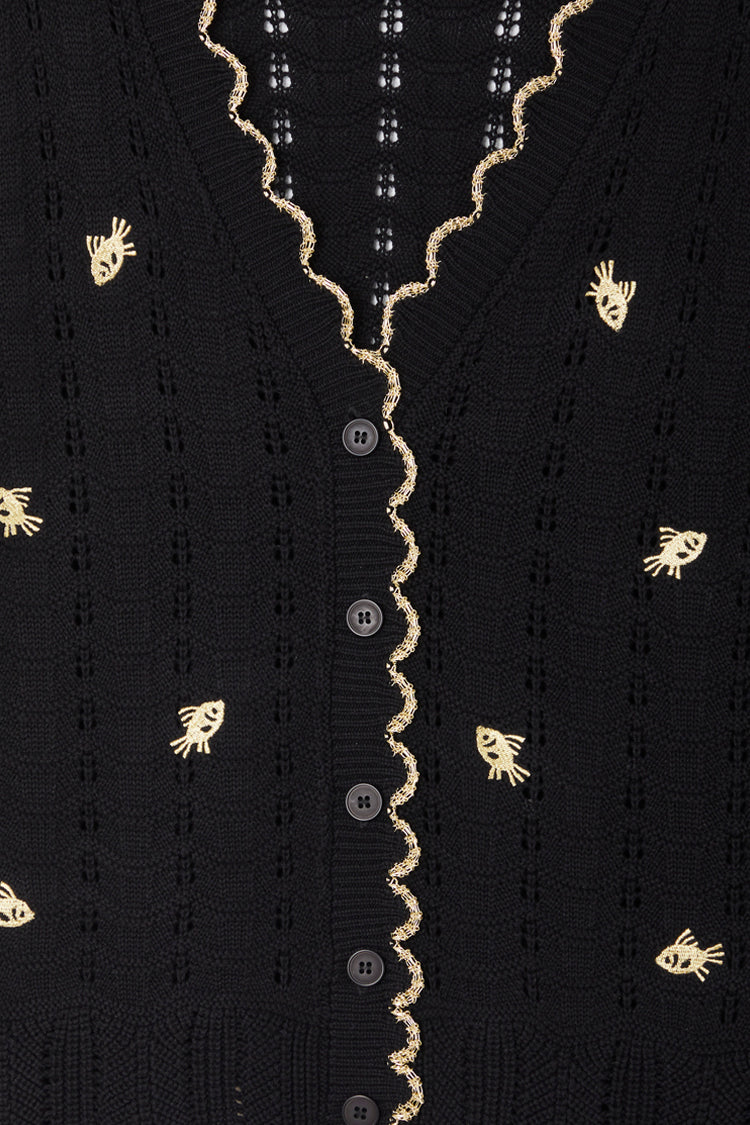 Black Pointelle Knit Cardigan With Gold Fish