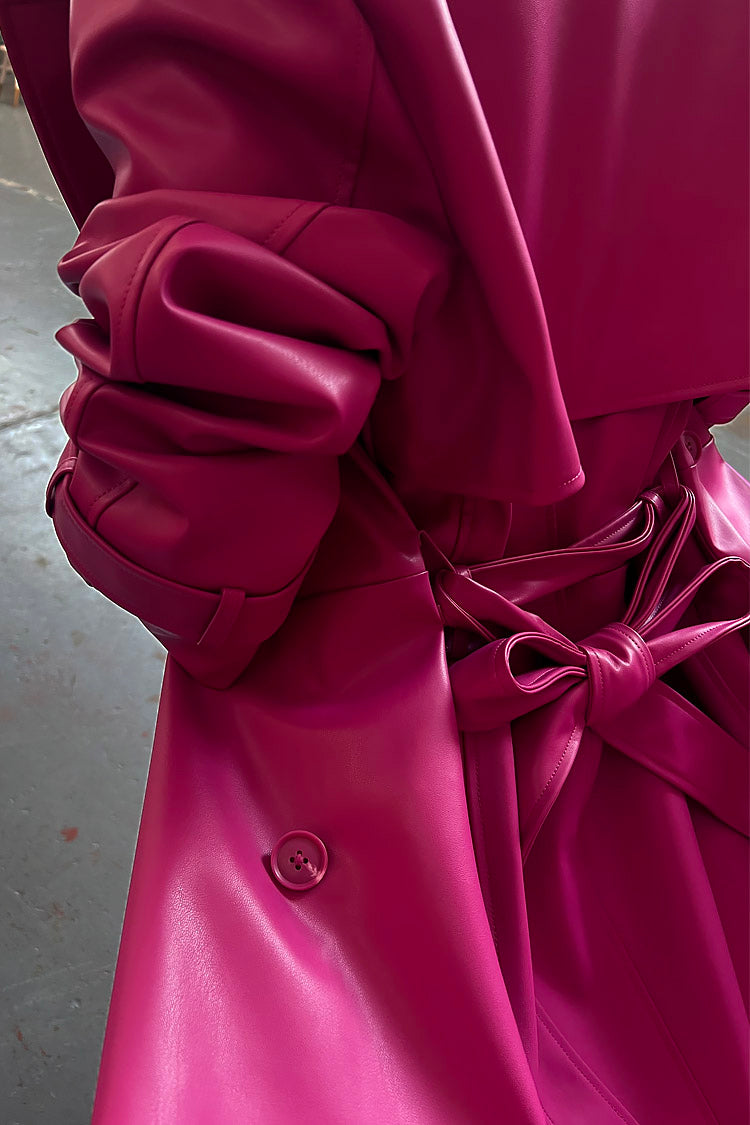 Model wearing Magenta Vegan Leather Trench 