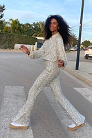 Thumbnail for Model wearing Sequin Flared Trousers 