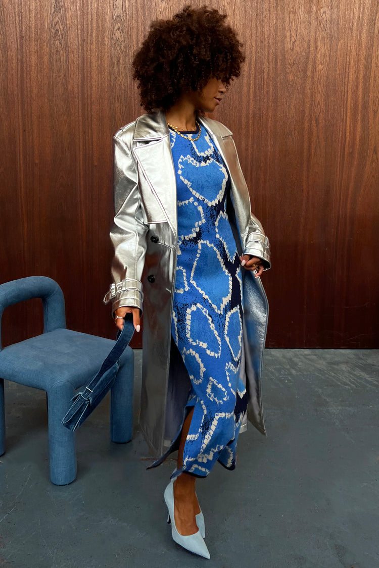 Model wearing Silver Vegan Leather Trench