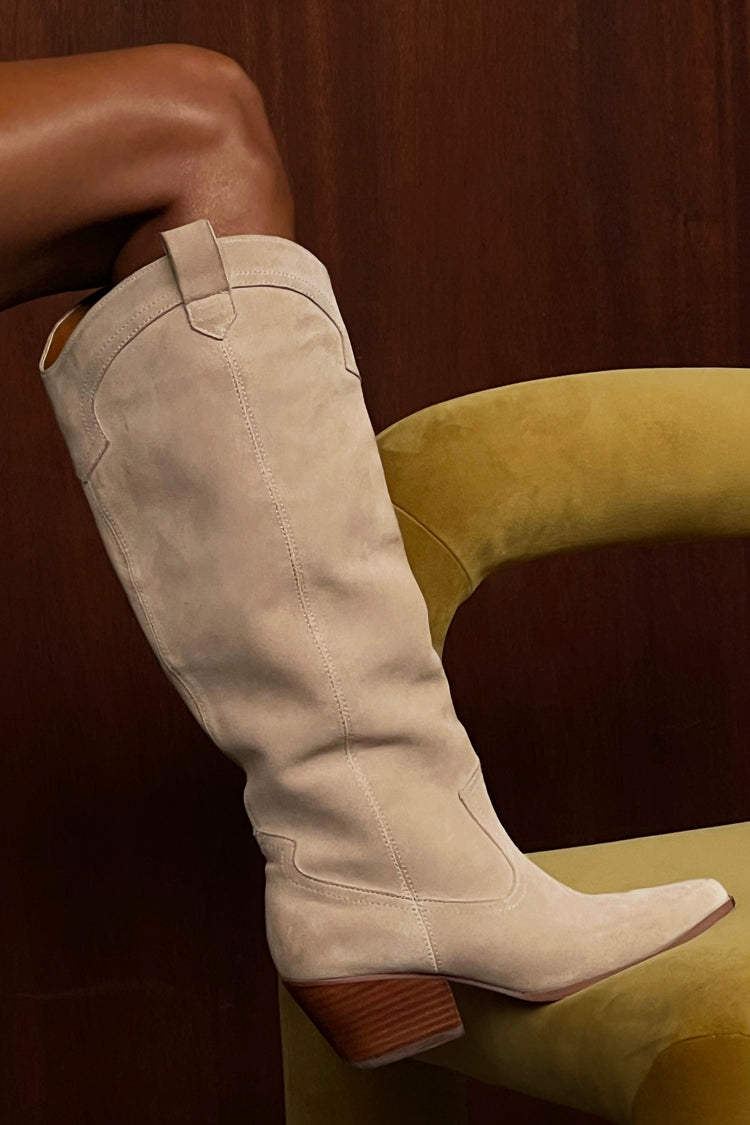 Model wearing Suede Cowboy Boot close up