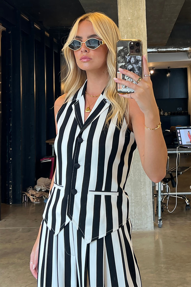 Model wearing Optic Stripe Waistcoat