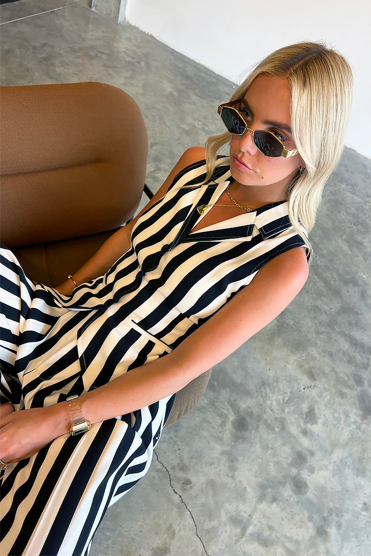 Model wearing Optic Stripe Waistcoat