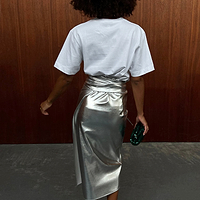 Thumbnail for caption_Model is 5ft6 and wears Silver Vegan Leather Skirt in UK 8 / US 4