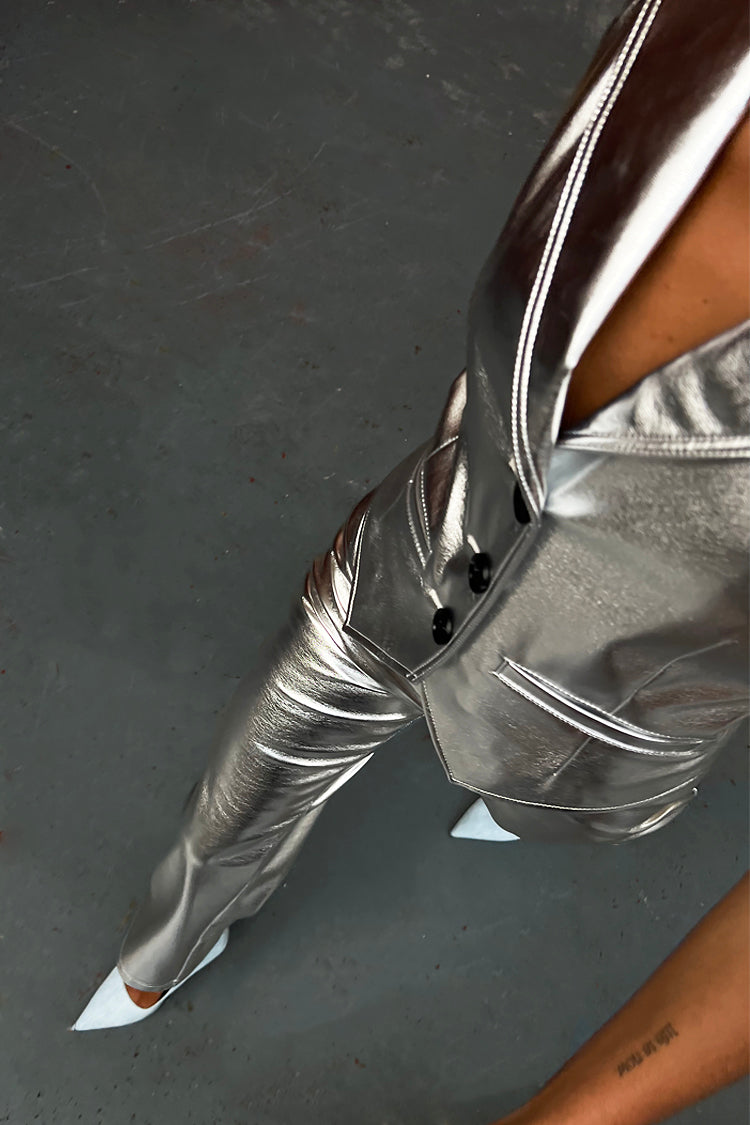Model wearing Silver Vegan Leather Waistcoat