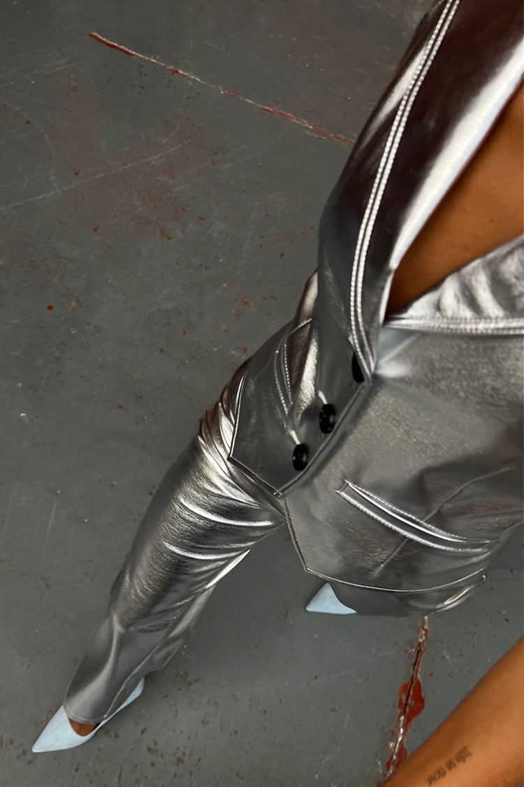 Model wearing Silver Vegan Leather Trouser 