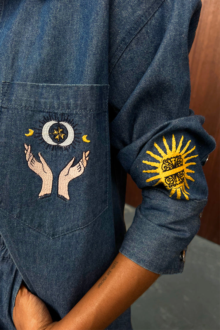 Close up of model wearing Denim Mystical Nami Shirt