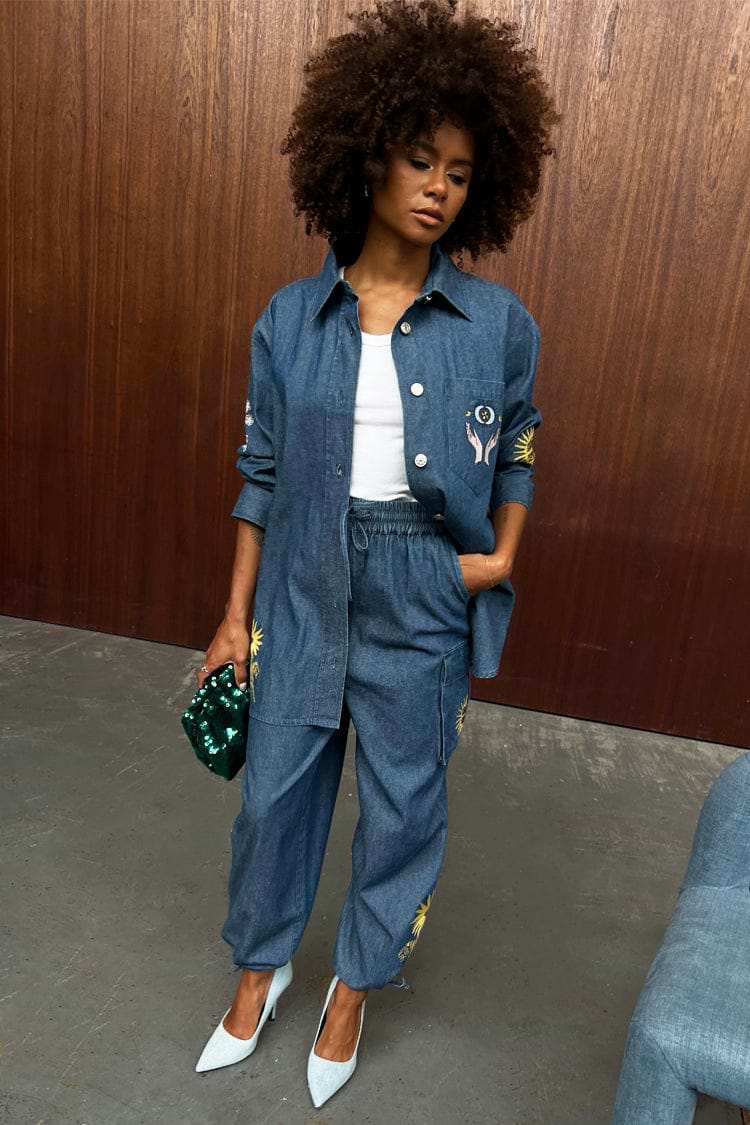 Model wearing Denim Mystical Cargos 