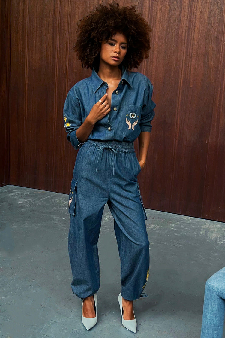 Model wearing Denim Mystical Nami Shirt