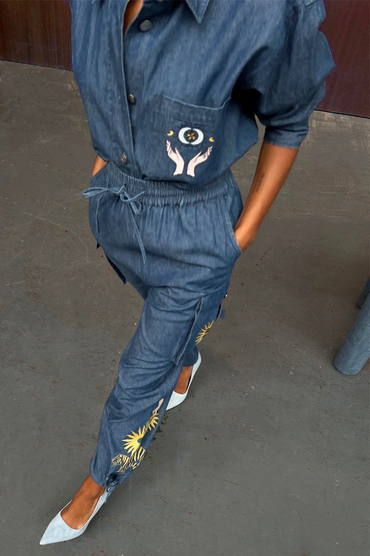 Model wearing Denim Mystical Cargos 