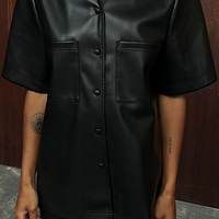 Thumbnail for Close up of model wearing Black Vegan Leather Lizzie Shirt