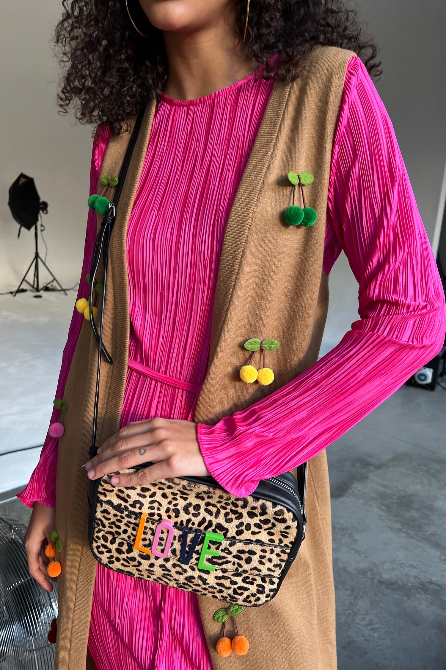 Model wearing Cherry Waistcoat standing facing the camera