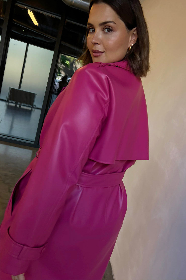 Model wearing Magenta Vegan Leather Trench 