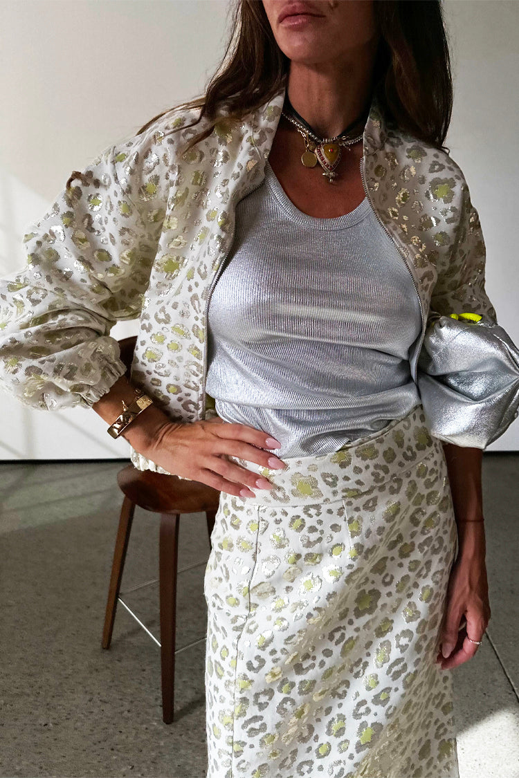 caption_Model wears Cream and Lime Animal Jacquard Bomber in S