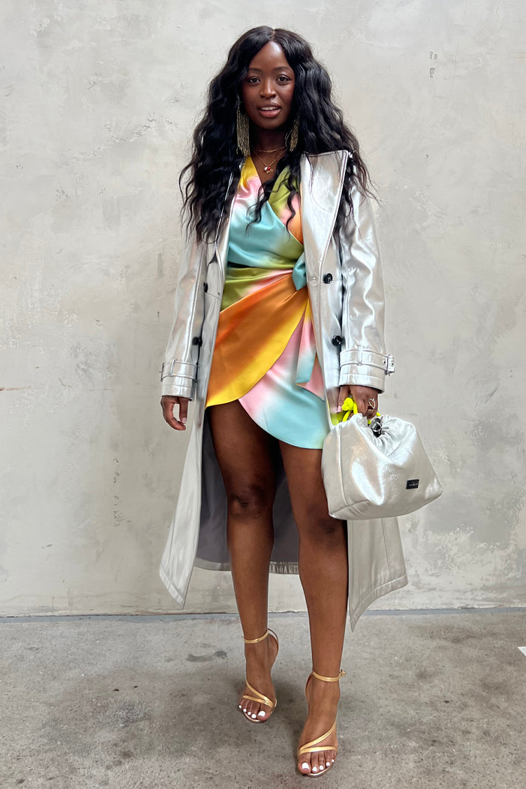 Model wearing Silver Vegan Leather Trench