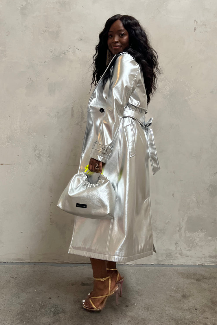 Model wearing Silver Vegan Leather Trench