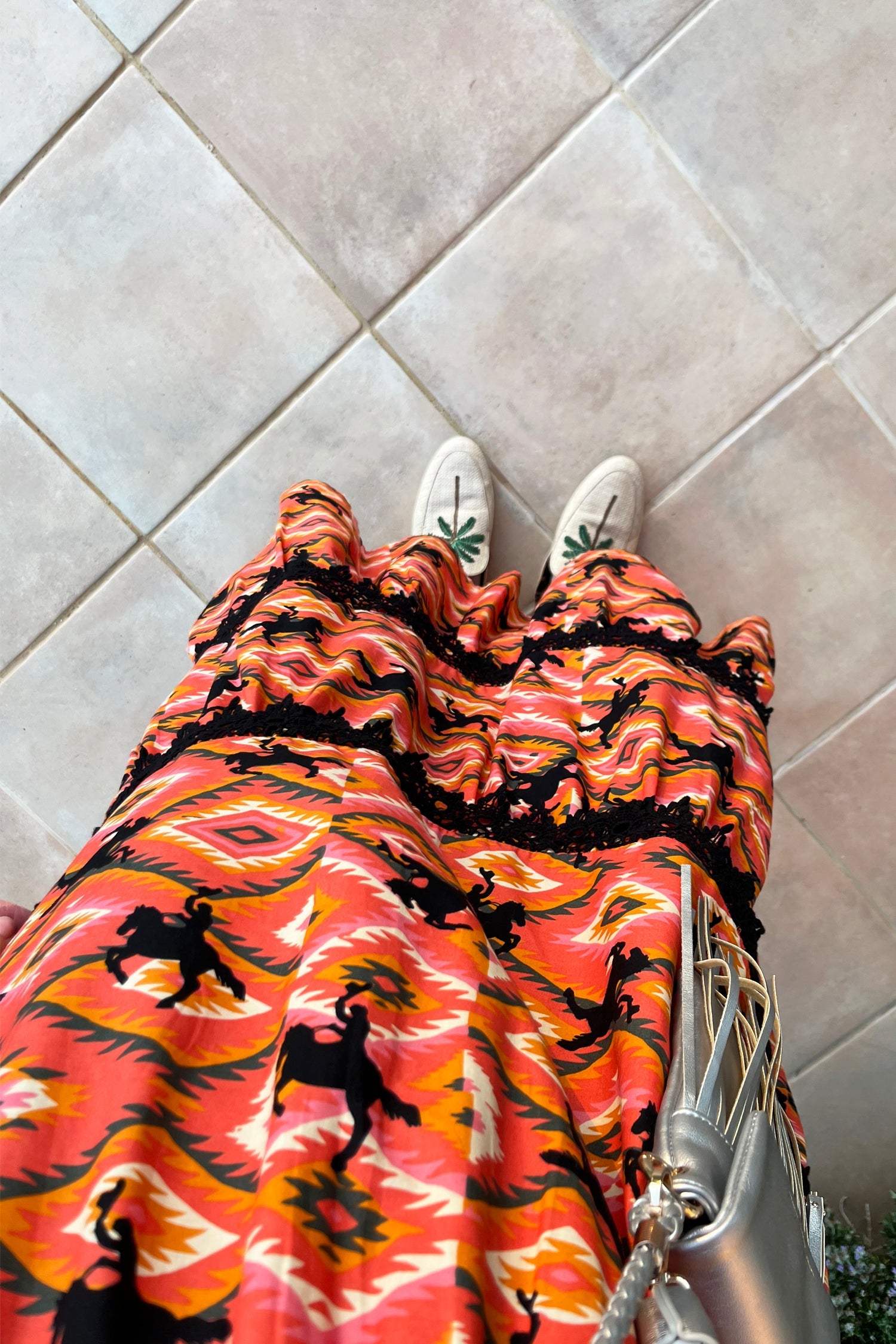 Model wearing Red Rodeo Midi Dress standing facing the camera