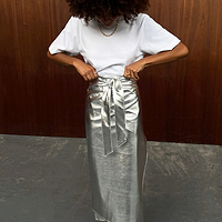 Thumbnail for caption_Model is 5ft6 and wears Silver Vegan Leather Skirt in UK 8 / US 4