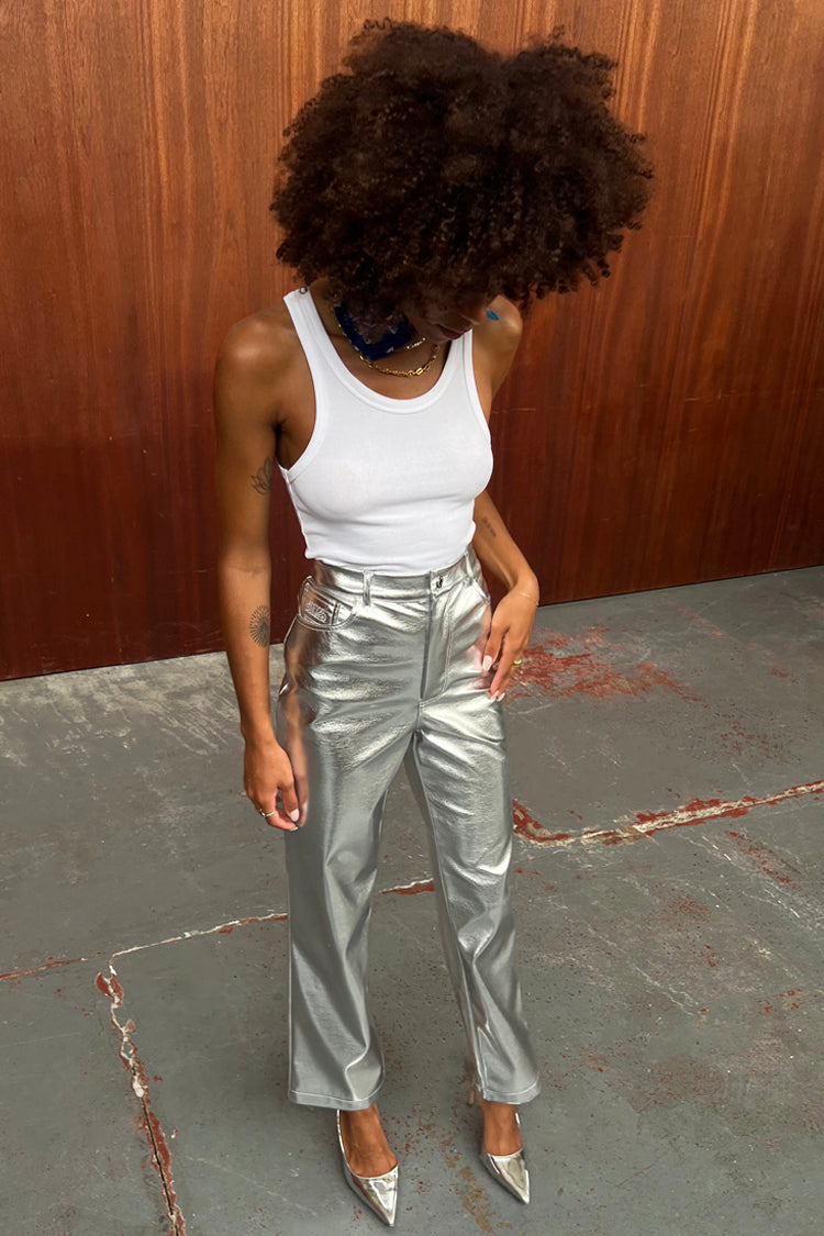 Model wearing Silver Vegan Leather Trouser 