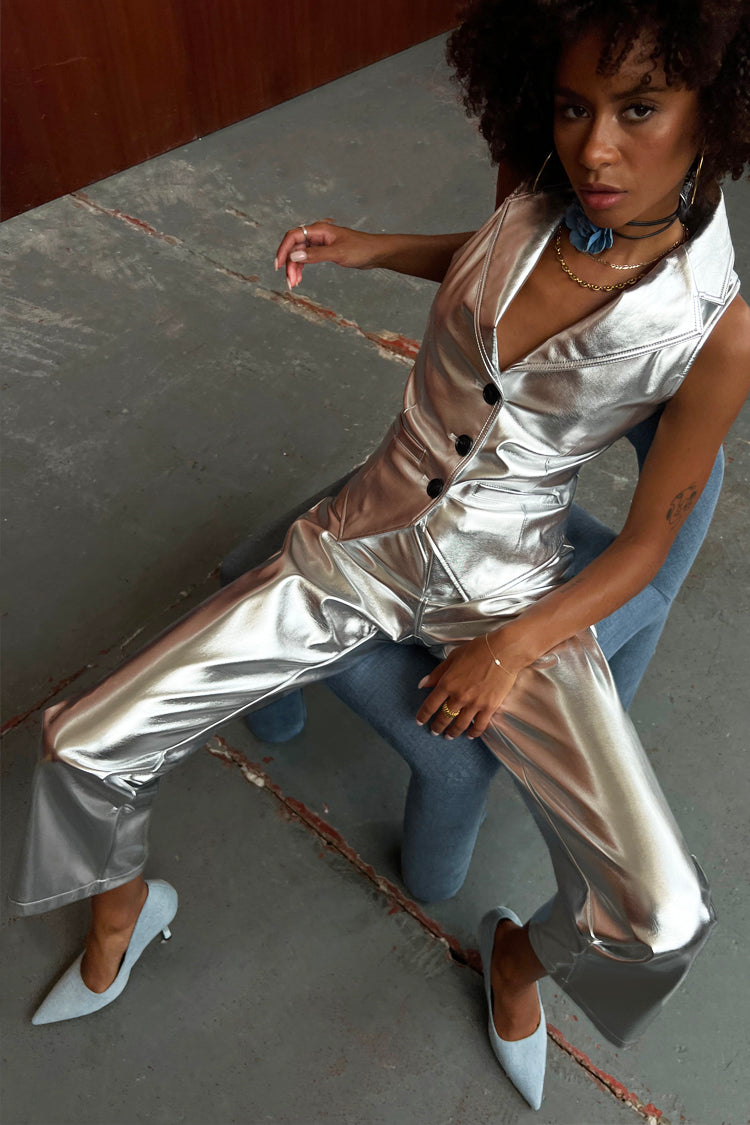 Model wearing Silver Vegan Leather Trouser 