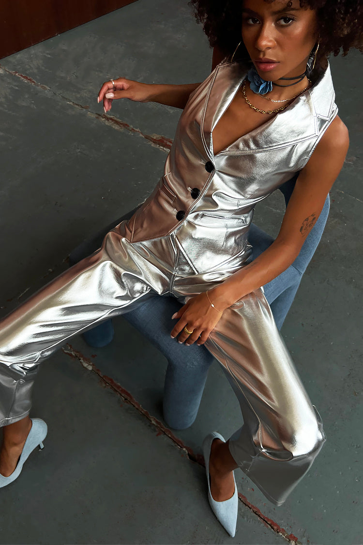 Model wearing Silver Vegan Leather Waistcoat