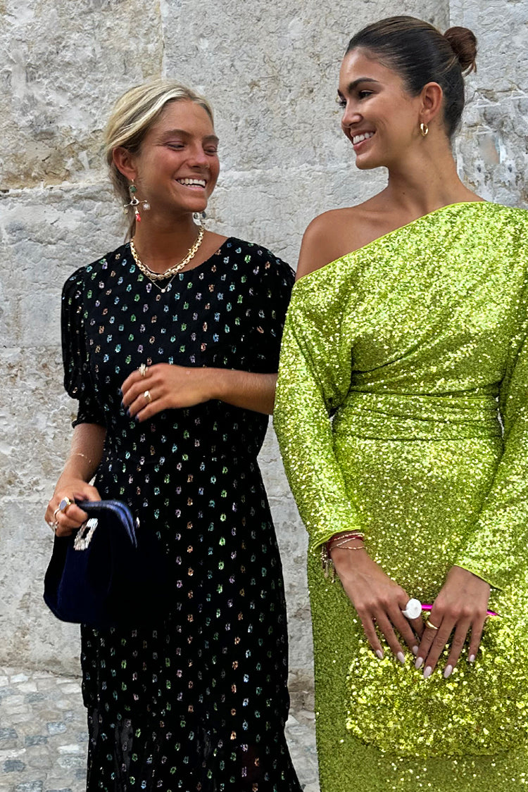 Model wearing Navy Velvet Bag