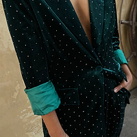 Thumbnail for Model wearing Emerald Velvet Quinn Blazer with rolled up sleeves