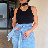 Thumbnail for caption_Model wears Denim Jaspre Skirt in UK size 18 / US 14 