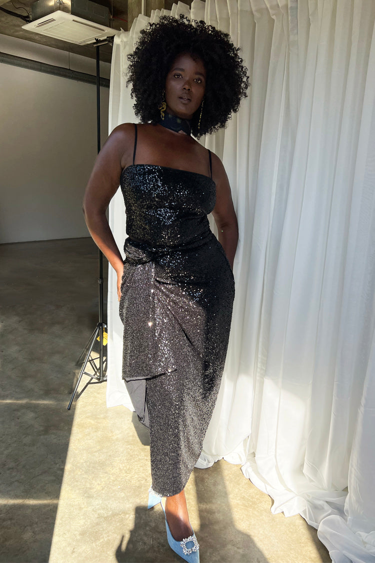 Model wearing Black Sequin Jaspre Skirt 