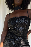 Thumbnail for caption_Model wears Black Sequin Crop Top in UK 18 / US 14