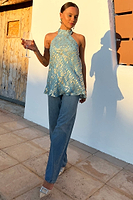 Thumbnail for Model wearing Blue Jacquard Alysa Top facing the camera 