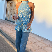 Thumbnail for Model wearing Blue Jacquard Alysa Top facing the camera 