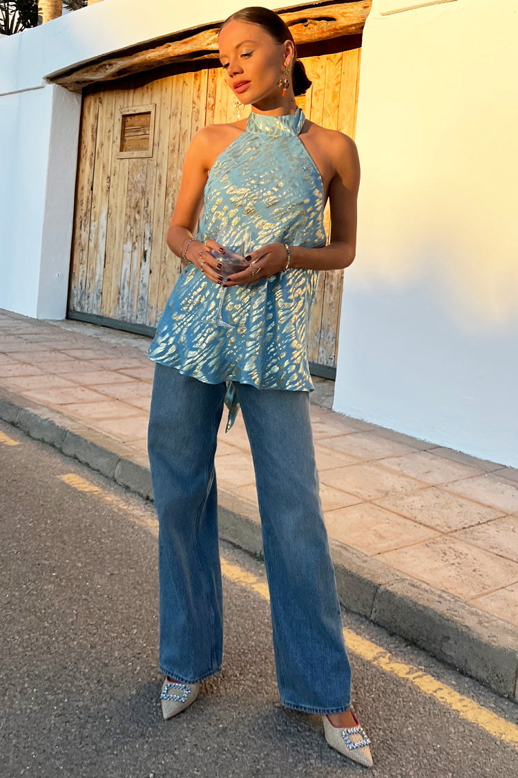 Model wearing Blue Jacquard Alysa Top facing the camera 