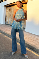 Thumbnail for Model wearing Blue Jacquard Alysa Top facing the camera 