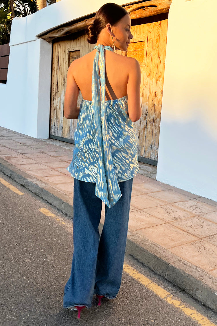 Model wearing Blue Jacquard Alysa Top facing the camera 