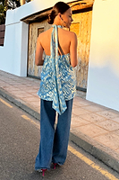 Thumbnail for Model wearing Blue Jacquard Alysa Top facing the camera 