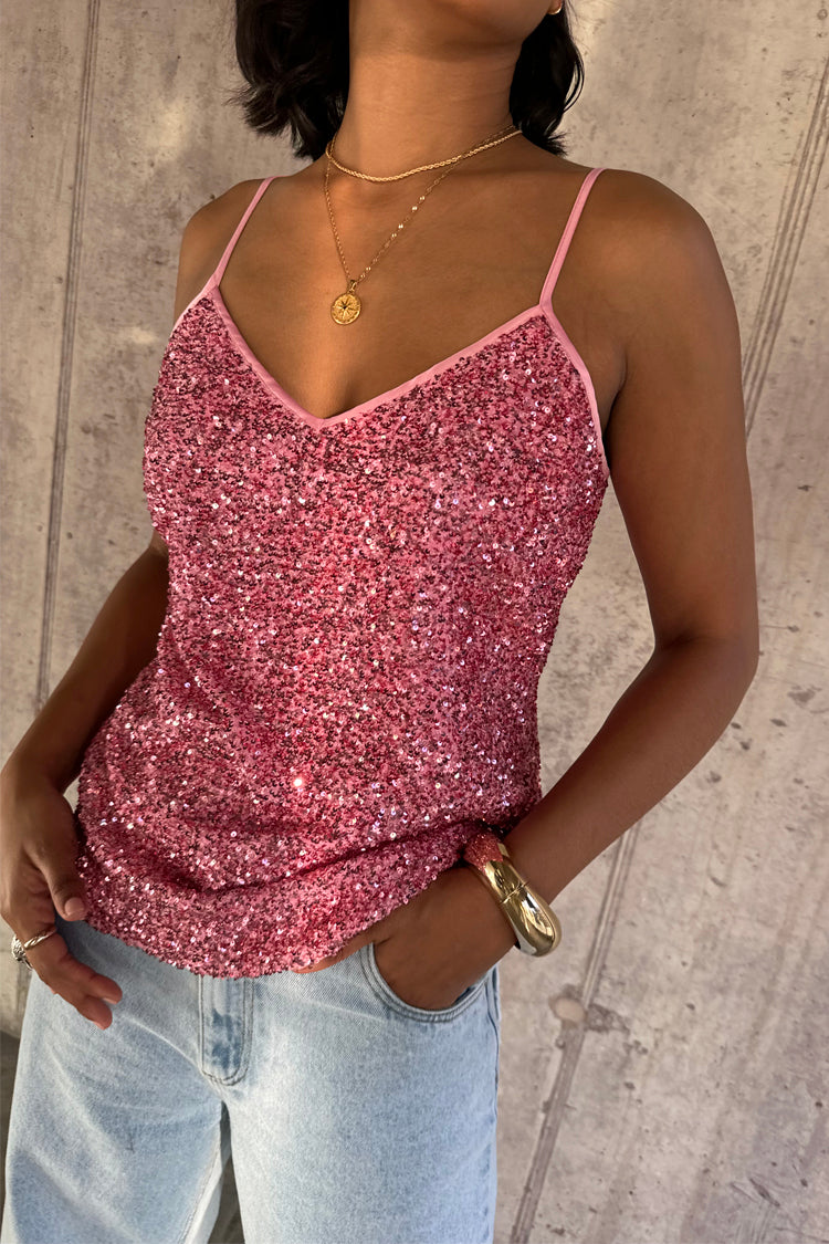 caption_Model wears Pink Sequin Cami Top in UK size 10/ US 6